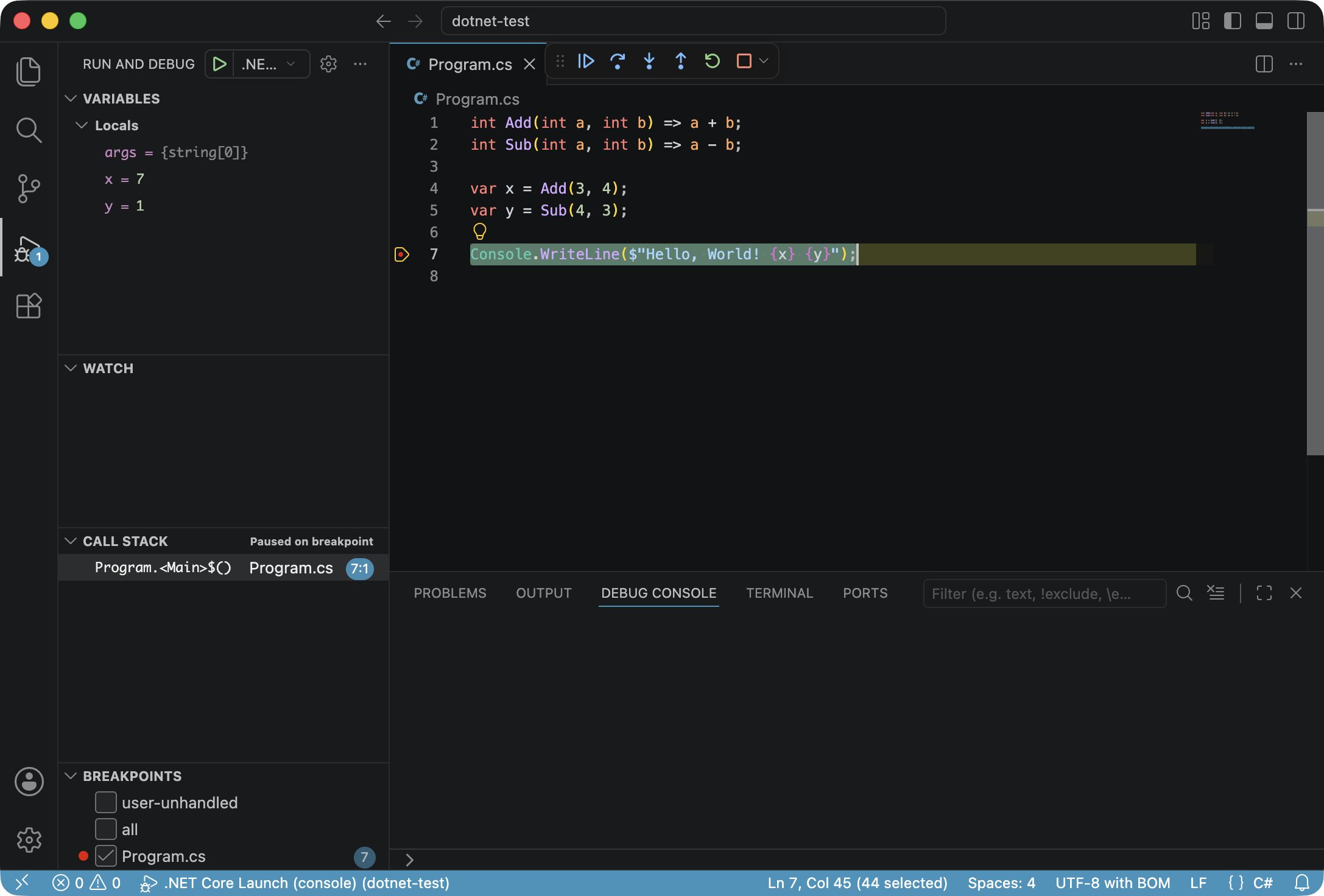 C# debugging paused on line 7 of Program.cs, showing local variables x=7 and y=1 and the call stack